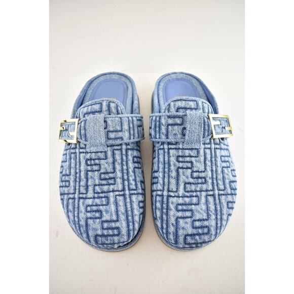 Fendi Feel Cotton Blue Denim FF Logo Gold Slip On Slide Clogs Mules Flats 40 - Picture 9 of 16